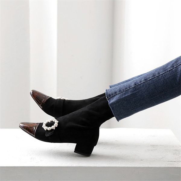 

spring women elastic socks boots patchwork women round toe ankle boots shoes waterproof square heel zipper female boot 210507, Black