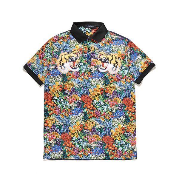 

new men's polos summer polo t shirt slim casual tiger trees flower animal printed fashion men tees turn-down collar short sleeve, White;black