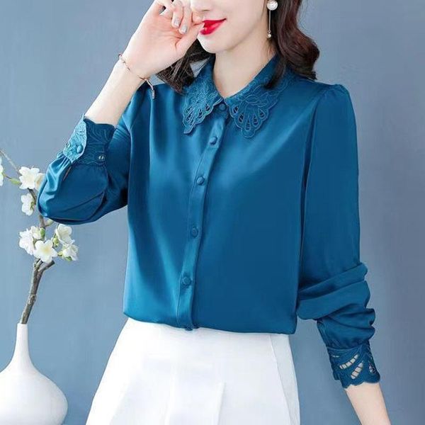

women's blouses & shirts fall spring office lady fashion womens clothes embroidery beige blue red imitation silk blouse , woman 3xl, White