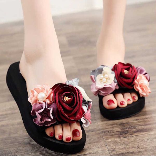 

summer shoes woman wedge/flat platform sandals slippers heels flower beaded sandy beach women s147 210625, Black