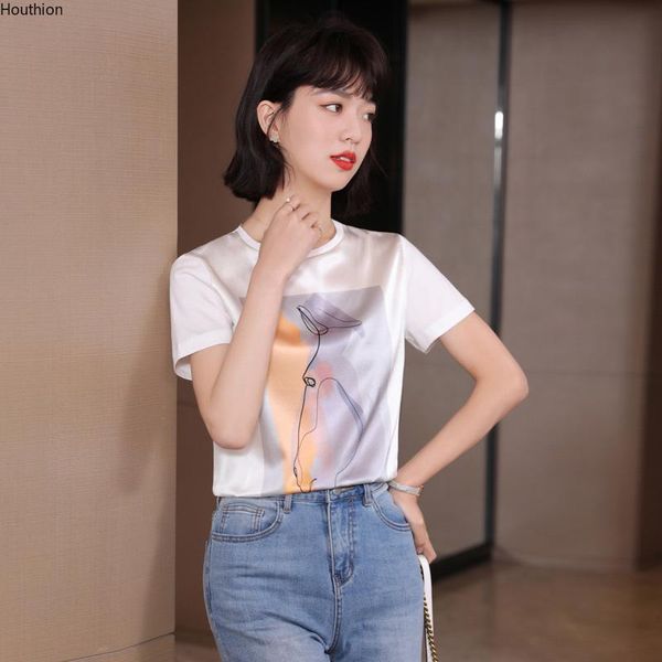 

women's t-shirt print silk t-shirts o-neck tees fashion plus size casual short sleeve tshirt loose lady t shirt 20091, White