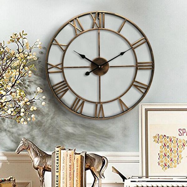 

retro hollow iron round art black gold large outdoor garden clock nordic roman numeral metal wall clocks home decoration 40cm