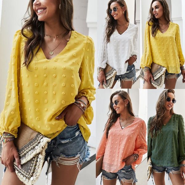 

women's new fall 2021 loose v-neck solid wool ball long sleeve shirt, White