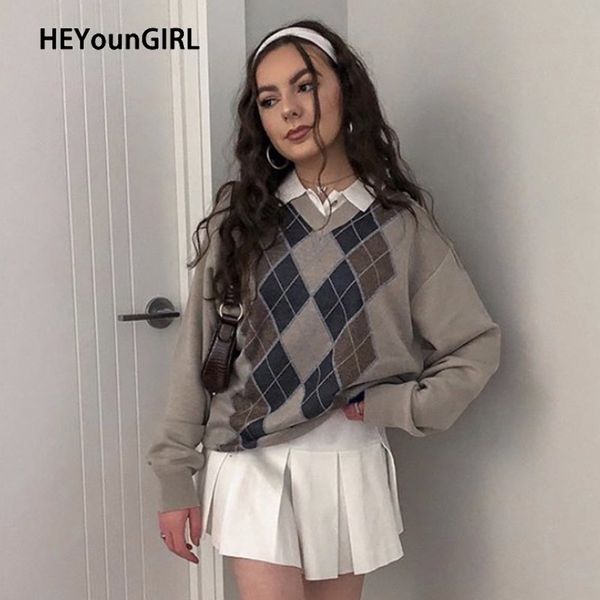 

heyoungirl preppy style vintage v neck sweater women autumn casual argyle plaid y2k jumper female korean fashion pullover winter, Black