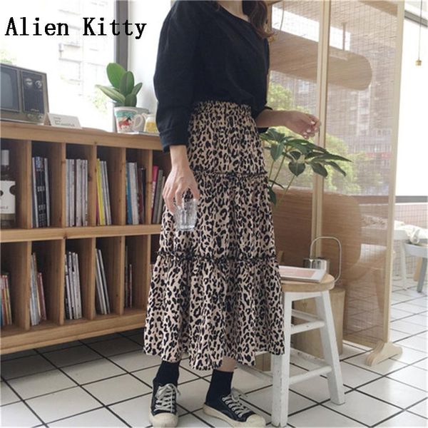 

skirts alien kitty 2021 autumn winter fashion women elastic high waist long leopard print simple woman elegant a-line skirt, Black
