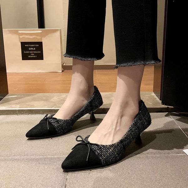 

dress shoes 5 cm butterfly stiletto heels women pointed toe medium heel pumps elegant woven cloth high office 2021, Black
