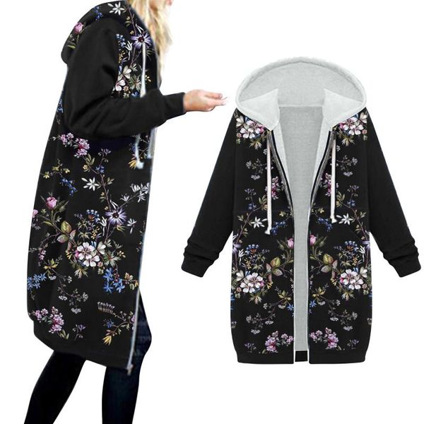 

women's jackets women coat hooded long-sleeved zipper flower print long winter plush fleece warm cardigan jacket outerwear, Black;brown