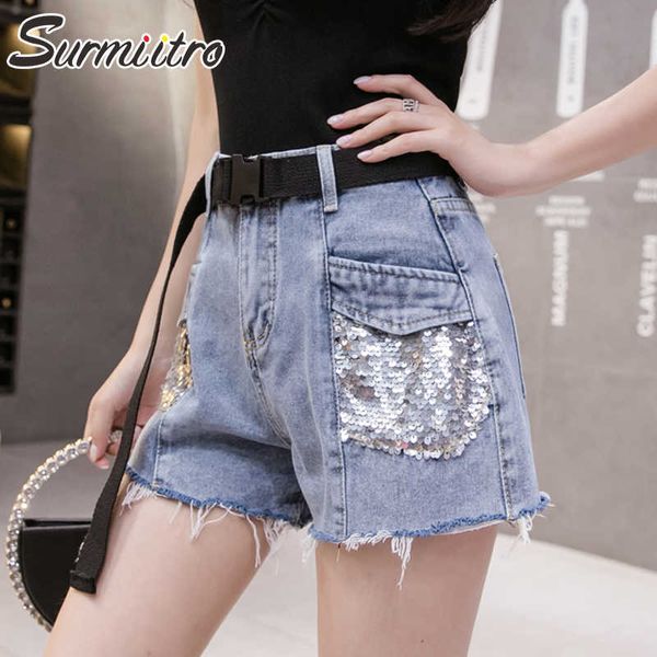 SURMIITRO Sommer Pailletten Blau Denim Shorts Frauen Koreanische Stil Ins Mode Hohe Taille Jeans Weibliche Kurze Hosen mit Gürtel 210712