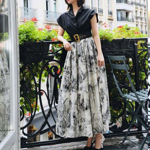 

est fashion runway suit sets women's batwing sleeve black blouse ink paiting print long skirt 210526, White