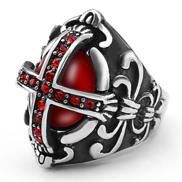

ring jewelry gothic fashion men's cross stainless steel red diamond, Silver