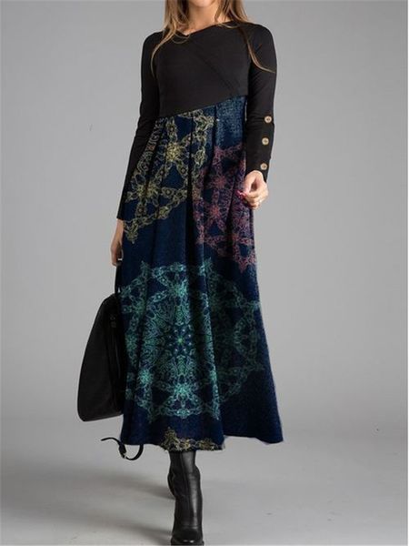 

dresses fashion casual pullover print mid waist sleeve long dress, Black;gray