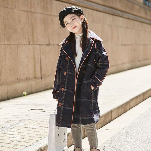 

jackets girls' woolen coat for fall/winter 2021 retro plaid mid-length thick windbreaker children's, Blue;gray