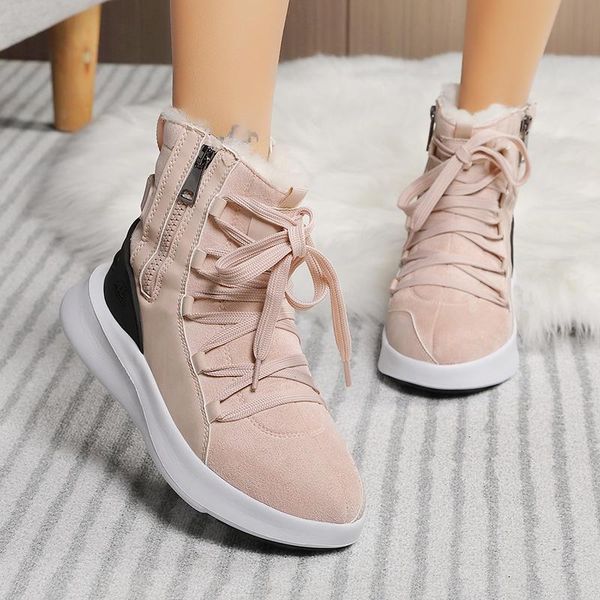 

boots women snow warm plush winter shoes non-slip ankle fashion lace-up platform, Black