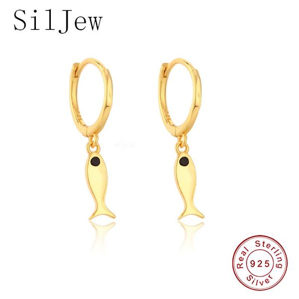 

hoop & huggie siljew 925 sterling silver 8.9mm plain fish drop earring pendiente circle loops luxury dangle charm 2021 rock punk jewelry gif, Golden;silver