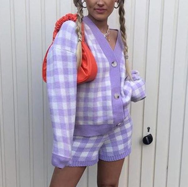 

women's tracksuits women short sets womens knitted plaid cardigans jumpers fashion 2021 autumn winter loose long sleeve v neck sweater, Gray