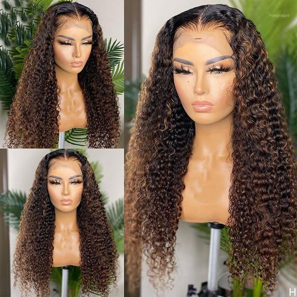 

omber brown highligh human hair wigs curly lace frontal for women with baby daily wear remy preplucked1, Black;brown