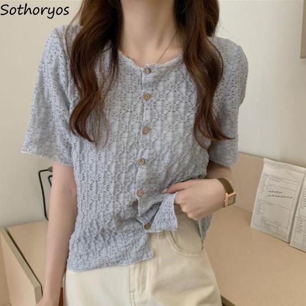 

women's t-shirt summer t-shirts women single breasted hollow out short sleeve female loose casual preppy style all-match streetwear re, White