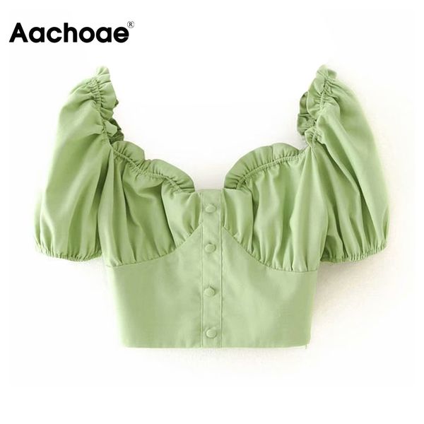 

aachoae cotton linen cropped blouses women chic ruffle short sleeve green sweet v neck solid casual blouse shirt blusas 210413, White