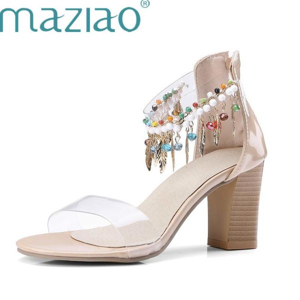 

arge size women sandals sweet fashion pvc transparent fish mouth string bead crystal with high heel party maziao, Black