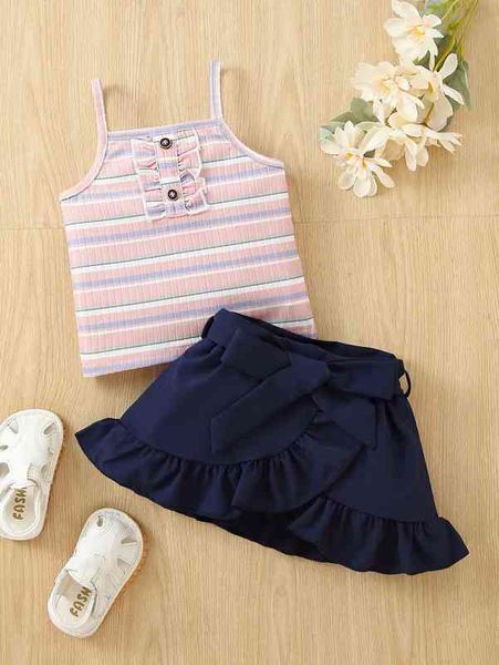 

baby block striped cami & ruffle trim belted skirt she, White