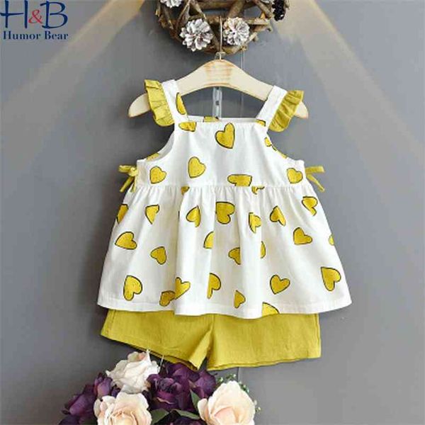 

summer girls clothes set sleeveless lace bow patchwork heart printed short 2pcs toddler 210611, White