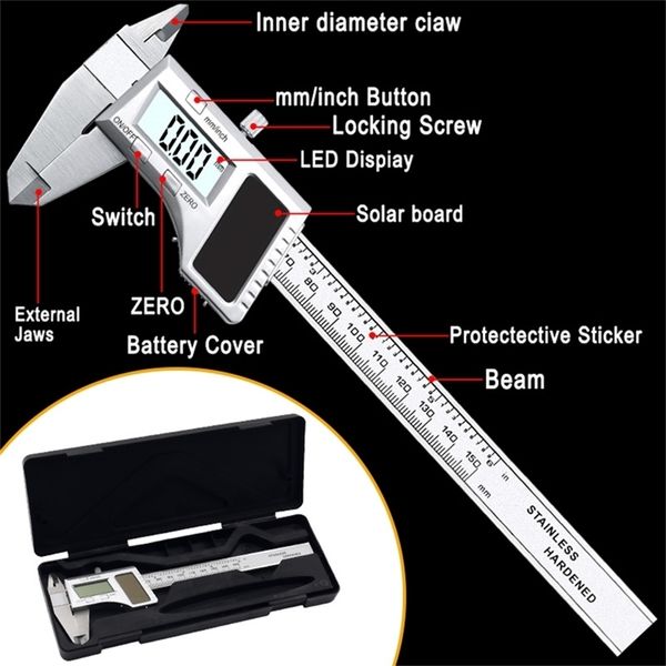 0-150mm Edelstahl 6 Zoll Pachymeter Solar Power Digital Messschieber Energie Pachometer Messgerät Messwerkzeuge 210922