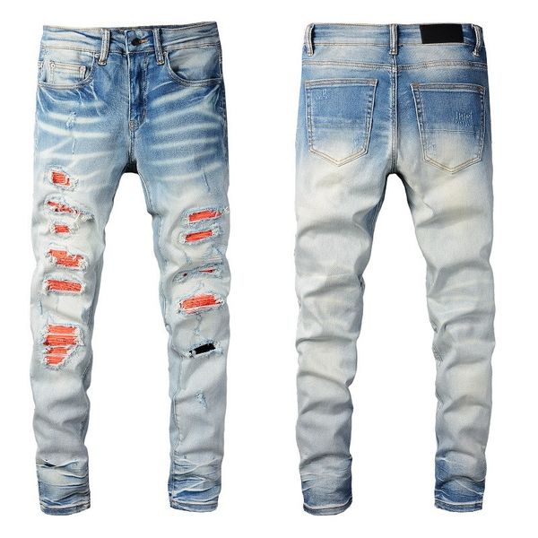 

jeans for men skinny straight slim hip hop ripped red patches patchwork motorcycle biker jean pants, Blue
