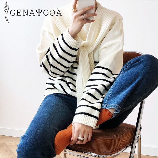 

genayooa korean style sweaters women o neck long sleeve pullovers shawl knitted jumpers female striped autumn winter 210417, White;black