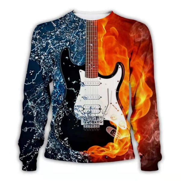 

black and white guitar pattern men's 3d printing hoodie visual impact party punk goth round neck american sweatshirt hoodie