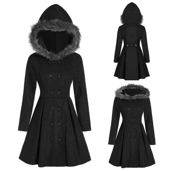 

women's wool & blends women jackets princess hooded fur slim double-breasted midicoat autumn winter fashion abrigos mujer invierno 2021, Black