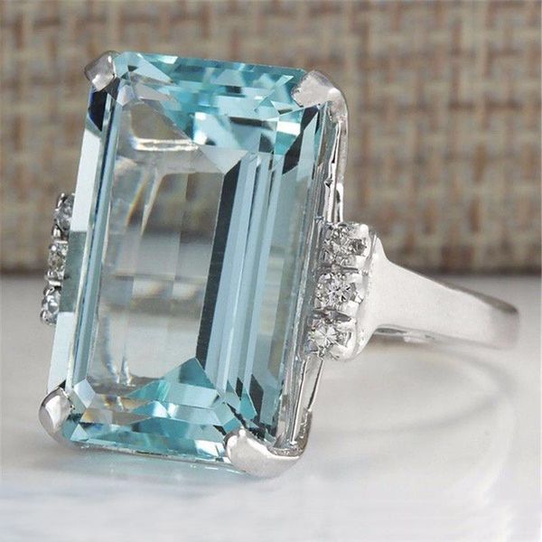 Alianças de casamento encantos de luxo grande quadrado anel de noivado de pedra azul encantador ouro / 9 2 5 cor cubic zirconia jóias para mulheres