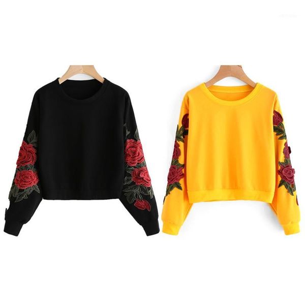 

women's hoodies & sweatshirts black yellow cotton 2021 crop sweatshirt jumper embroidery pullover autumn spring women hoodie