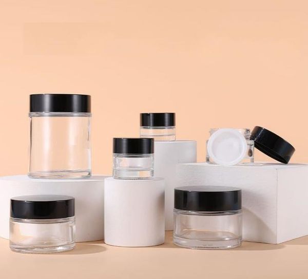 

wholesale 5g 10g 15g 20g 30g 50g 100g facial cream jars empty glass jar cosmetic containers with black lid for travel packing sn storage bot