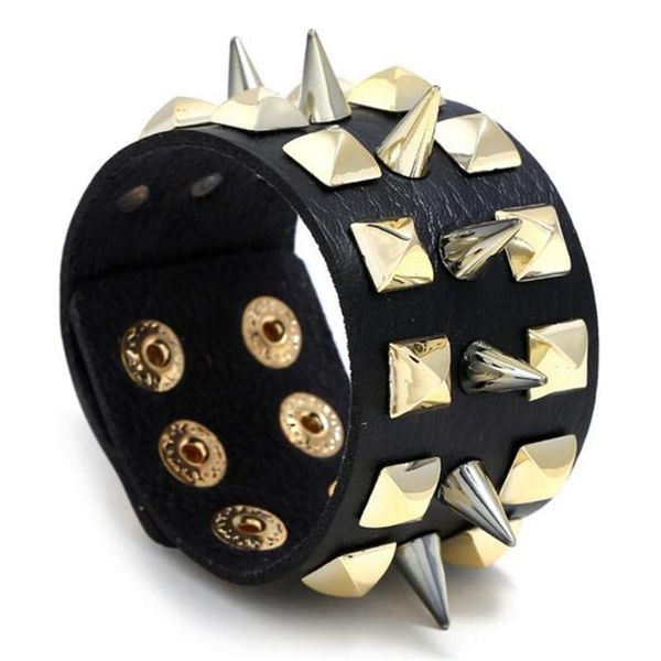 

charm bracelets men's imitation leather bracelet steampunk three-row pointed rivet cool jewelry drop, Golden;silver