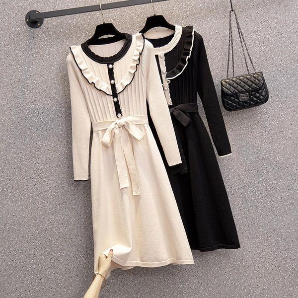 

casual dresses plus size 4xl knitted women fall winter thick warm stripe ruffled trim long sleeve pleated sweater dress femme robes, Black;gray