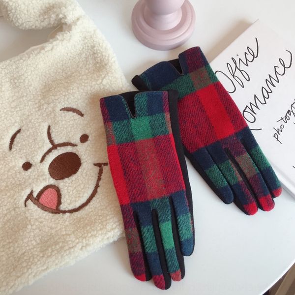 

6bNe girlsautumn and winter plaid gloves female students warm woolgloves woolkorean finger touch screen with mittens cashmere and cashmere, Blue;gray
