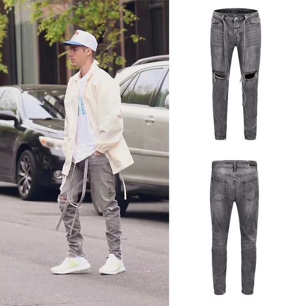

fashion jeans high street fog season 6 6th ribbon knife cut hole justiieber wash damage pants, Blue