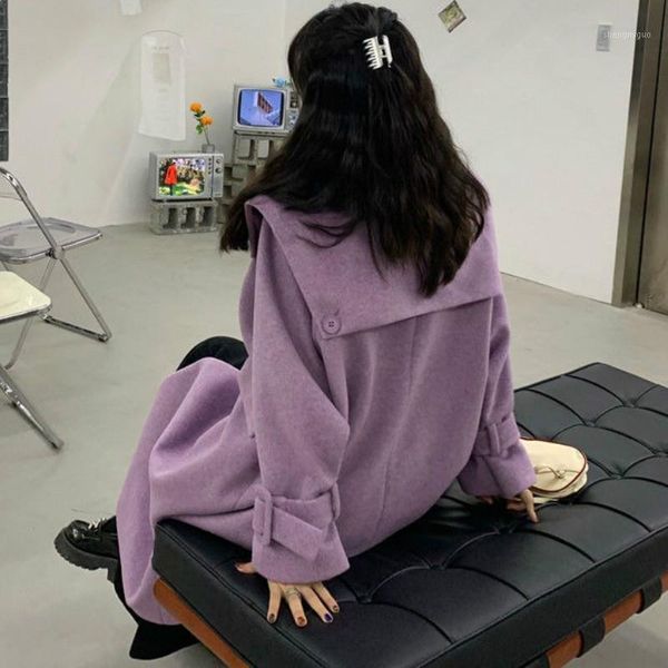 

women's wool & blends women purple winter double breasted woolen coats turn down collar cuff korean sweet ins chic girls fashion outwea, Black