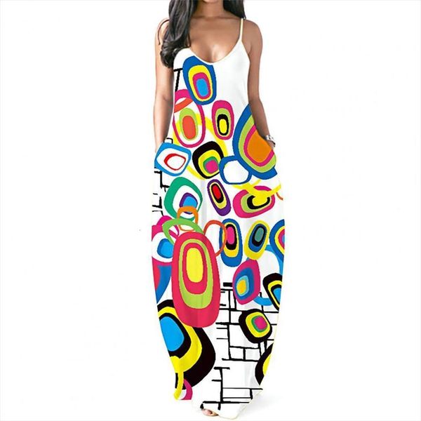 

spaghetti strap printing women dresses v neck pockets loose maxi sundress backless for beach travel, Black;gray