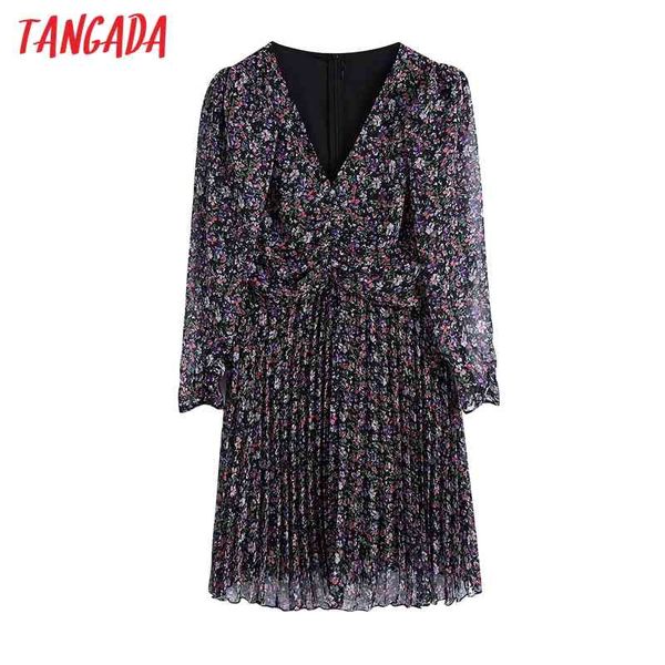 

women floral print pleated chiffon dress back zipper long sleeve casual female short vestidos be195 210416, Black;gray