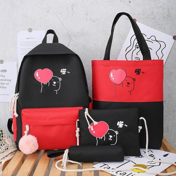 

cute girls canvas four-piece large capacity backpack contrast color fashion casual bagpack school bags women schulrucksack