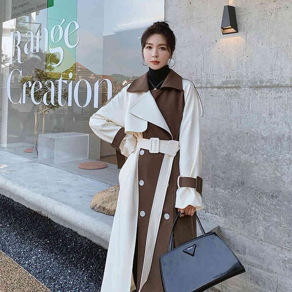 

women's trench coats spring long autumn double-breasted female trench coat loose slices oversize mantle with belt outerwear duster ds3q, Tan;black