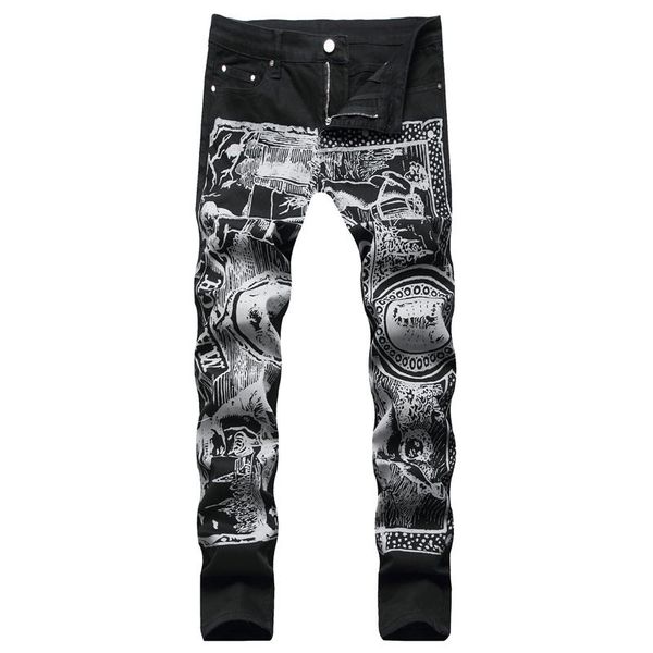 

men's jeans color printed black trousers youth skinny, Blue