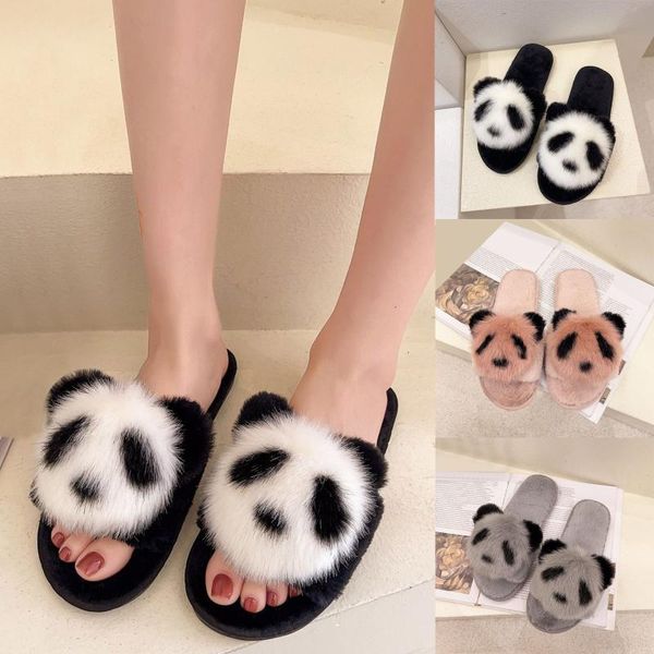 

slippers 2021 women slip-on furry flat home cartoons open toe keep warm shoes comfy daily hausschuhe damen, Black
