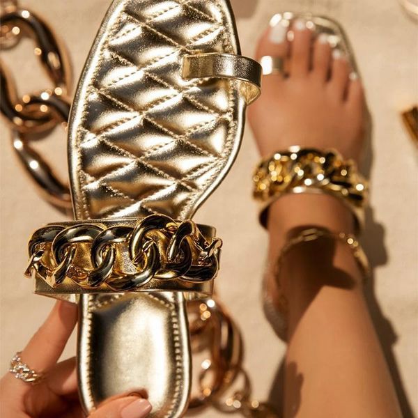 

women chain slippers summer woman casual flip flops ladies square toe home flats female outdoor beach shoes plus size, Black