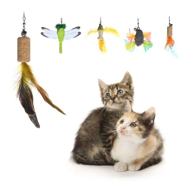 

5pcs cat teaser chaser feather replacement colorful pet catcher wand stick refill with bell interactive toys