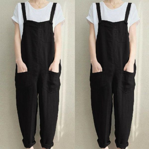 

women's jumpsuits & rompers brand korea style womens cotton linen sleeveless pocket decoration dungarees jumpsuit loose pants overalls, Black;white