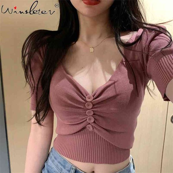 

spring women solid crop- female buttoned tee puff sleeve retro hispter v neck womens short tshirt t04103b 210421, Black;gray