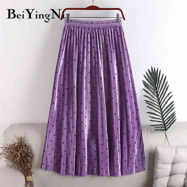 

autumn winter skirt women polka dot printed vintage fashion warm pleated midi high waist velvet lady casual jupe 210506, Black