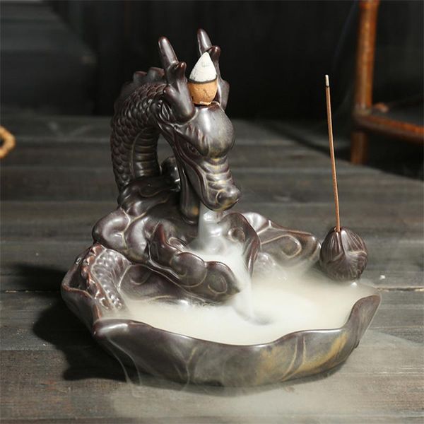 

fragrance lamps ceramic retro dragon backflow incense burner creative waterfall censer stick holder buddhist home decor + 10pcs cones
